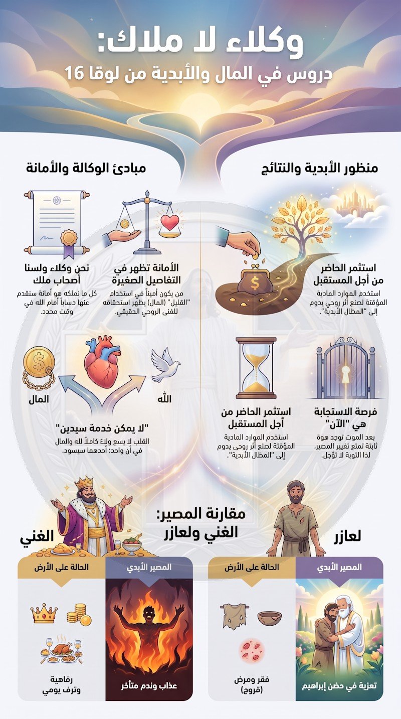 لوقا 16: وكيل الظلم والغني ولعازر — الأمانة اليوم تصنع فرقاً أبدياً (شرح وتفسير كامل)