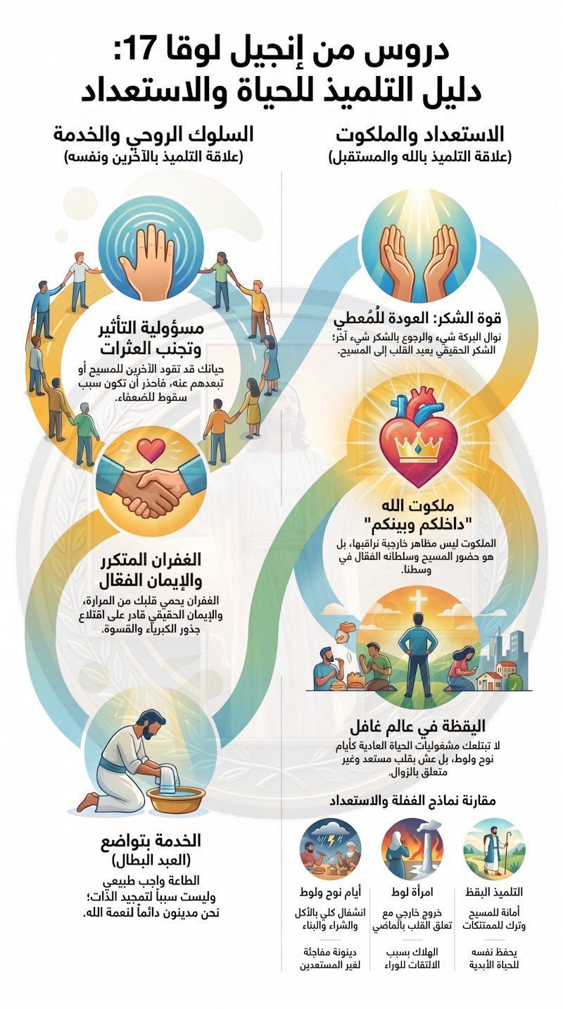 لوقا 17: الإيمان والغفران والشكر والاستعداد لمجيء المسيح — حياة تلميذ يقظ (شرح وتفسير كامل) 2 لوقا 17: الإيمان والغفران والشكر والاستعداد لمجيء المسيح — حياة تلميذ يقظ (شرح وتفسير كامل)
