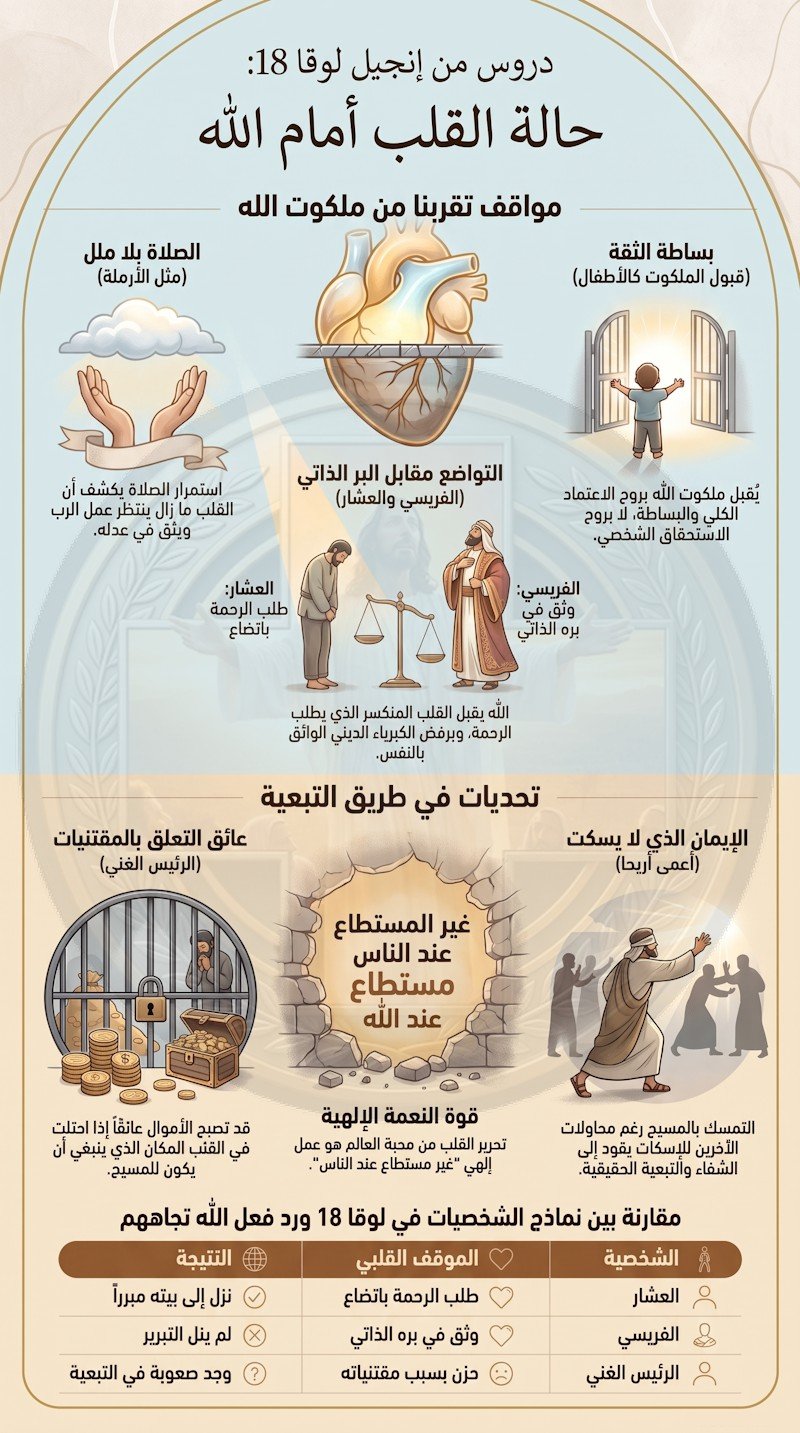 لوقا 18: الإيمان الذي لا يمل والتواضع والتبعية — طريق القلب إلى ملكوت الله (شرح وتفسير كامل)
